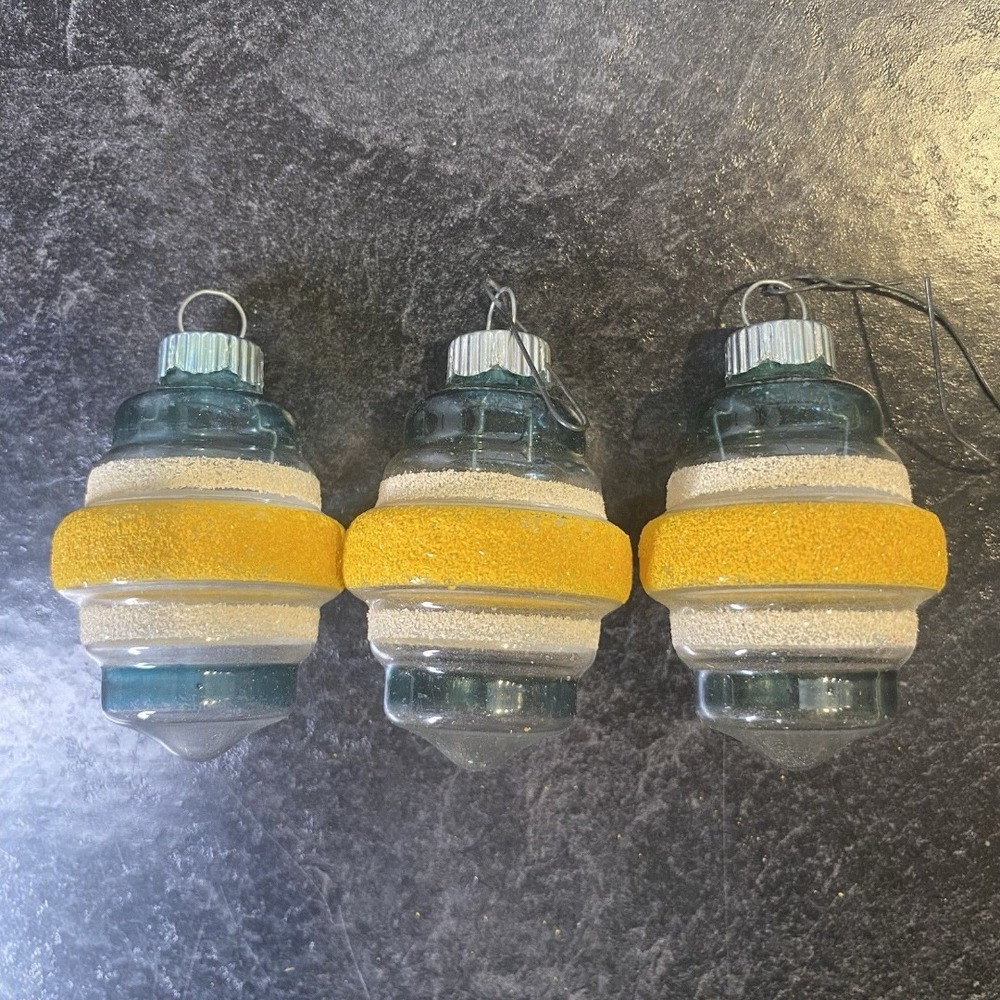 3 Shiny Brite USA Mica Striped Unsilvered Yellow Blue Barrel Lantern Ornaments